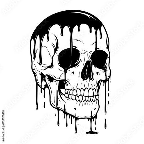 Black and white illustration of a human skull with melting paint effect.
