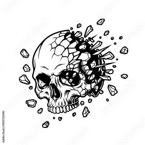 Cracked Skull with Shattered Diamonds Illustration.