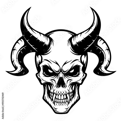 Menacing black and white skull with horns illustration.