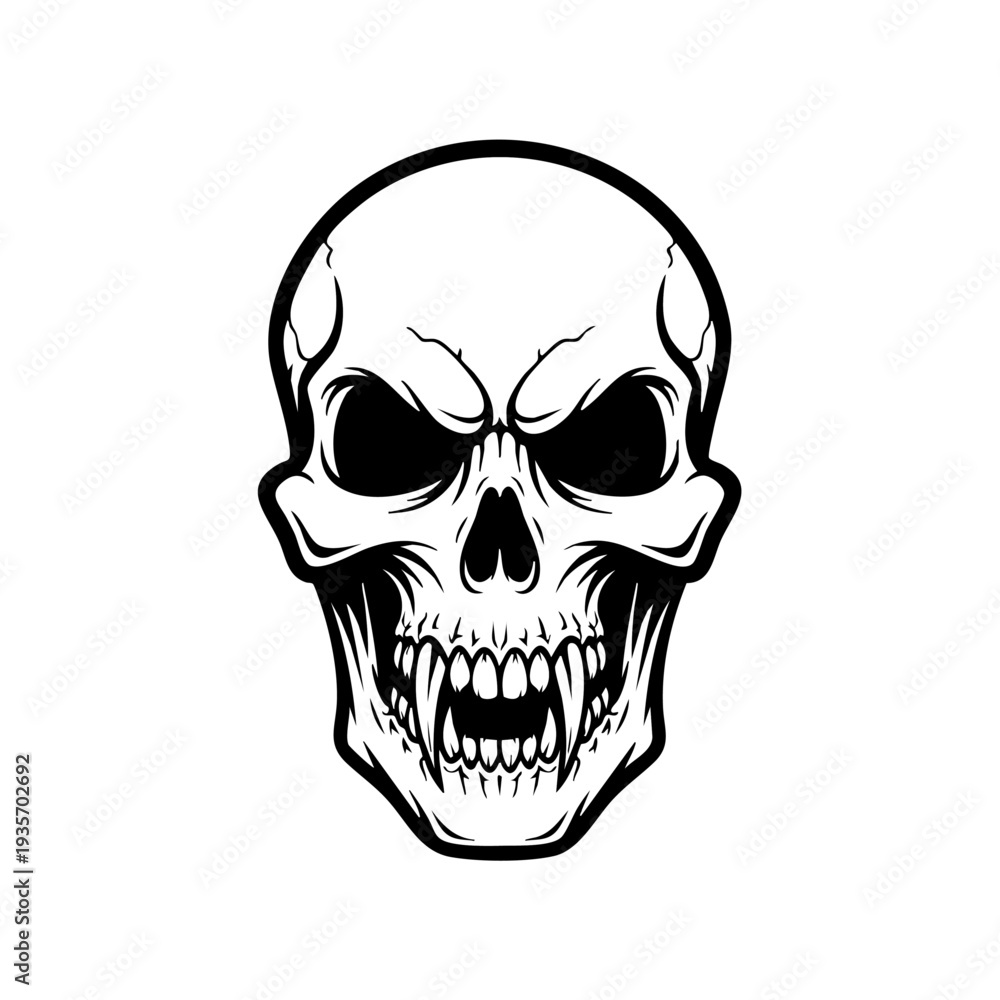 Fototapeta premium A black and white illustration of a human skull with a menacing expression.