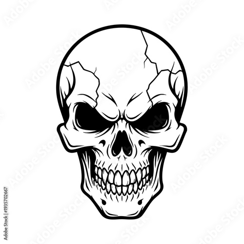 A black and white illustration of a human skull with a menacing expression.