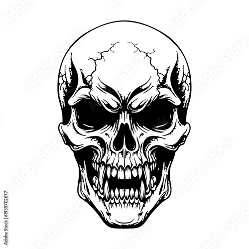 Menacing black and white illustration of a skull with horns and cracked surface.