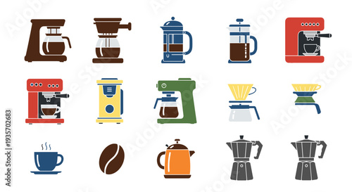 A collection of coffee brewing machines and accessories on transparent background