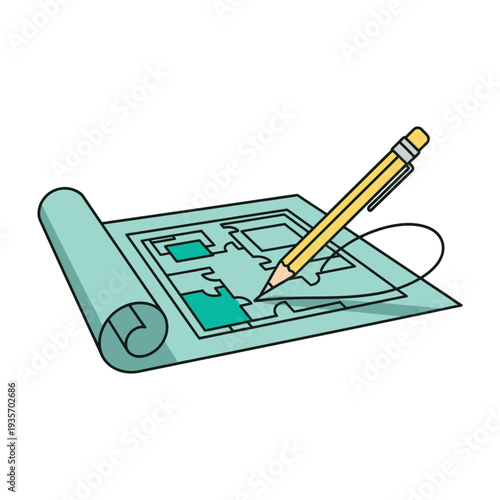 Pencil drawing floor plan on blueprint paper with magnifying glass