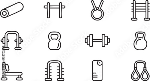 Gym and fitness equipment line art icons exercise workout
