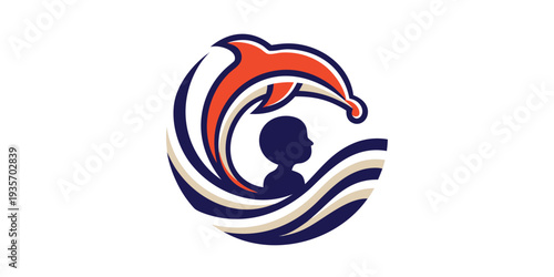 Stylized logo featuring a dolphin leaping above ocean waves and a diver