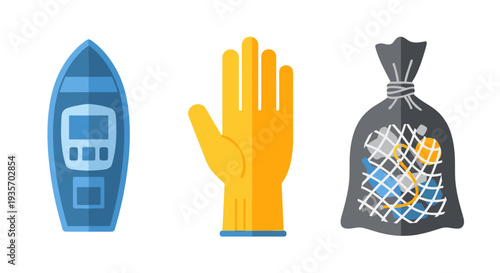 A collection of boating safety equipment and personal protective gear on transparent background