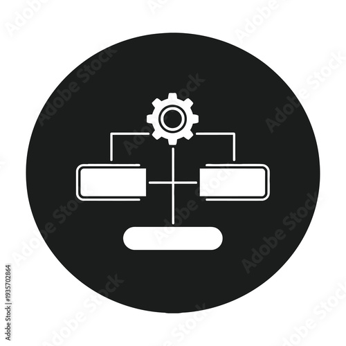 Gear icon connects to flowchart elements on dark background