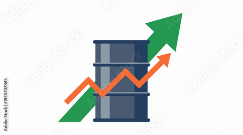Oil barrel with rising graph and arrow indicating increasing oil production or price.