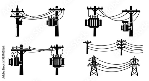 A set of black electrical utility poles and transformers on transparent background