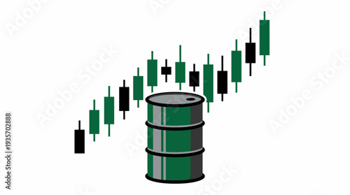 Oil barrel with rising stock market graph.