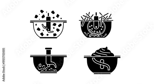 A collection of six black and white icons representing different types of food on transparent background