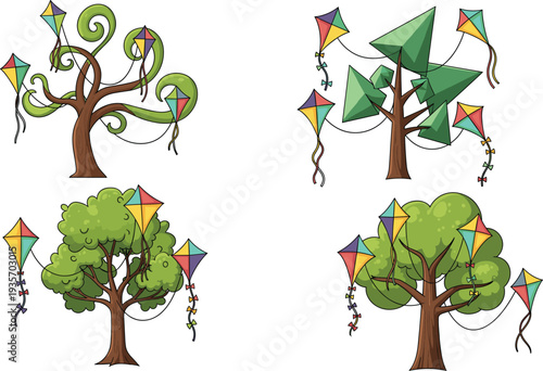 Colorful kites stuck in trees, playful cartoon vector illustration, summer outdoor activity concept, festival celebration design, flying kite background art.