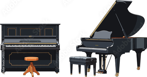 Grand piano and classic upright piano with bench vector illustration for music school classical performance and concert concept