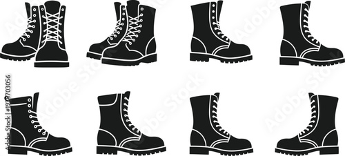 Black boots icon set various styles and angles of footwear icons