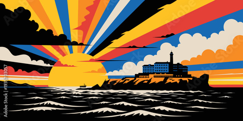 Alcatraz Island Sunset Silhouette – Dramatic Sky Over San Francisco Bay, Ultra‑Wide Flat Vector Scene, Iconic California Landmark, United States