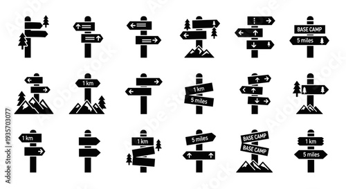 A collection of silhouette trail and mountain directional signs on transparent background