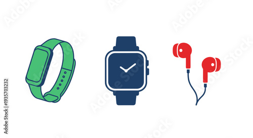 Various wearable electronic devices displayed on transparent background
