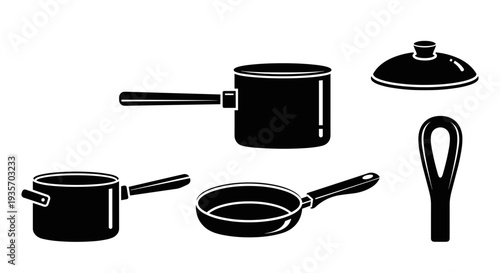 A set of black cookware and utensils displayed on transparent background