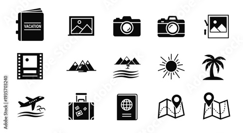A collection of travel and vacation icons including a passport and camera on transparent background