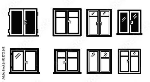 A collection of various modern window designs for homes on transparent background