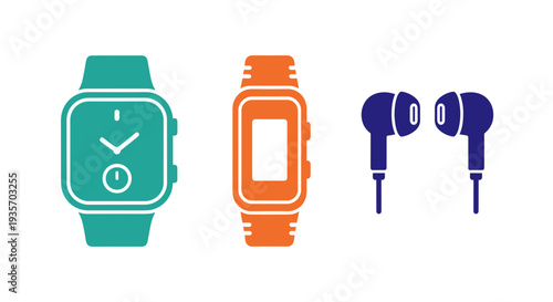 A collection of smartwatches and wired earbuds on transparent background