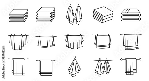 A collection of towels hanging on a clothesline for drying on transparent background