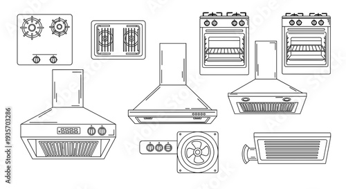 A collection of kitchen appliances and fixtures on transparent background