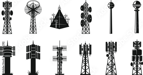Collection of telecommunication towers and antennas silhouettes vector set illustrating cellular base stations, broadcast masts, radar structures and wireless communication infrastructure