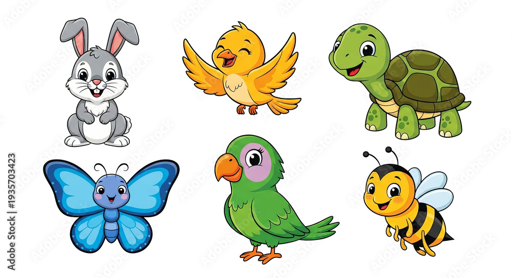 Obraz premium Cute Cartoon Animals Set Rabbit Chick Turtle Butterfly Parrot Bee