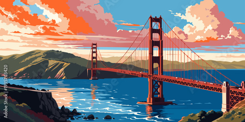 Golden Gate Bridge Golden Hour – Cinematic Warm Glow Over Bay, Panoramic Clean Vector Design, Iconic San Francisco Landmark, United States