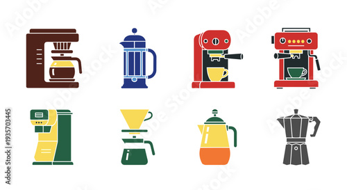 A collection of colorful coffee and espresso machines on transparent background