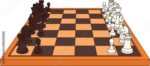 Perspective view of a wooden chessboard with black and white game pieces arranged for a strategic competition vector