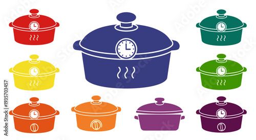 A variety of colorful cooking pots arranged in a pattern on transparent background