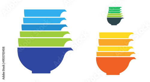 A creative illustration of stacked colorful bowls and books on transparent background