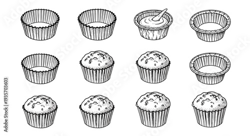 Various cupcake liners and cupcakes arranged in a grid on transparent background
