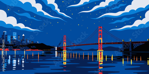 Golden Gate Bridge Night Lights – Reflections on Water, Ultra‑Wide Cinematic Flat Vector Scene, Iconic San Francisco Landmark, United States