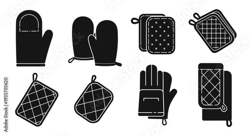 A collection of black mittens and oven mitts designed for winter warmth on transparent background