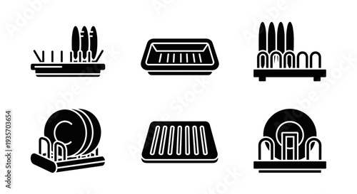 A collection of black and white dish rack illustrations on transparent background