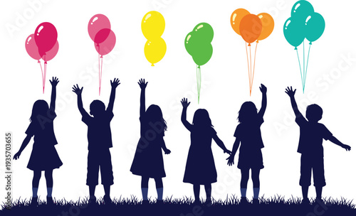 Children in silhouette releasing colorful balloons kids