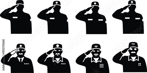 Police officer saluting icon set various uniform styles and angles