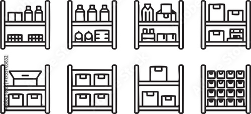 Storage Shelving Units with Boxes and Bottles vector