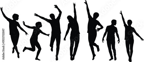 Black silhouettes of people jumping and dancing
