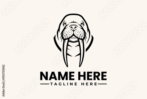 Black and white illustration of a walrus head logo with tusks and text placeholder on a clean background.