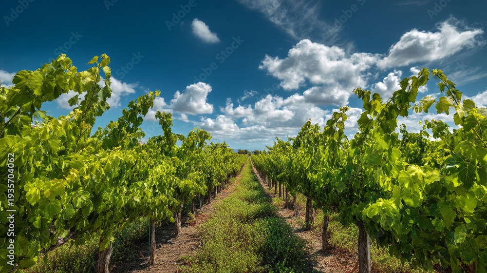 Fototapeta premium A lush vineyard stretches out under a blue sky with white clouds