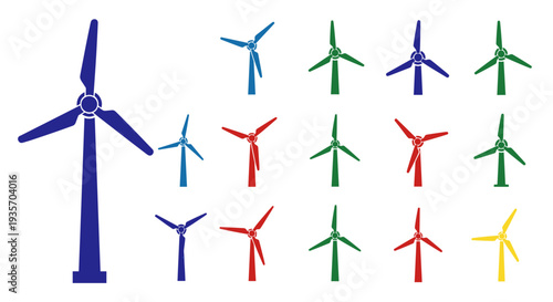 A collection of wind turbines of various colors on transparent background