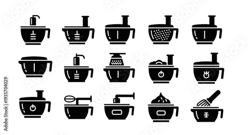 A series of 16 different small appliances and kitchen tools on transparent background