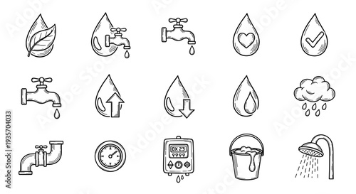A series of plumbing and water testing icons arranged in a grid on transparent background