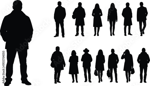 Black silhouettes of people standing in various poses white background