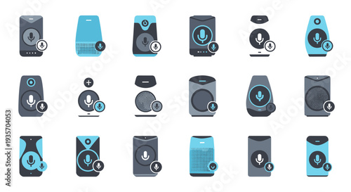 A collection of various modern microphones and speakers on transparent background